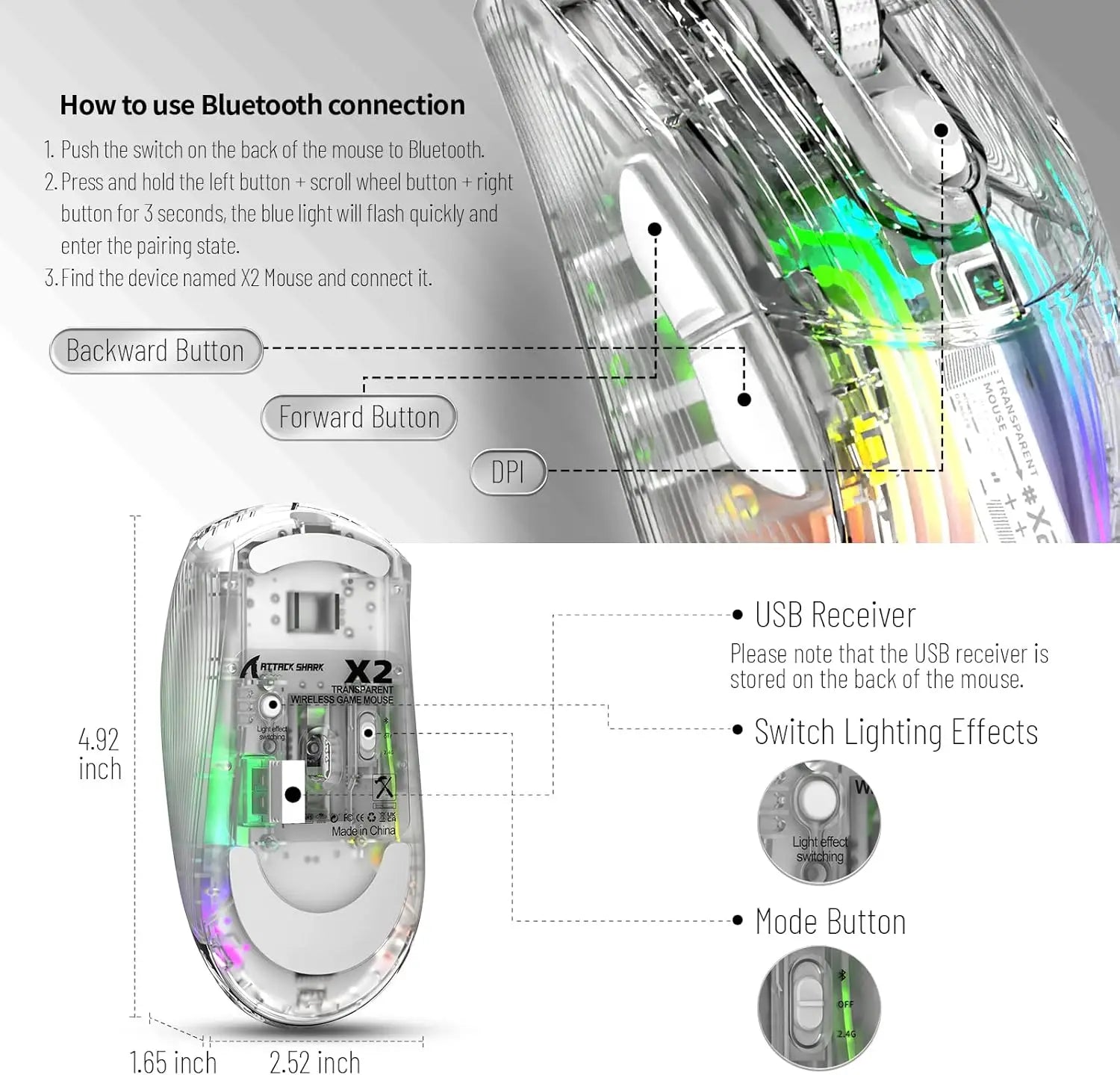 ATTACK SHARK X2 Pro Triple Mode Wireless Transparent Shell Gaming Mouse RGB Rechargeable 4000 DPI Rechargeable Dock Mouse - My Store