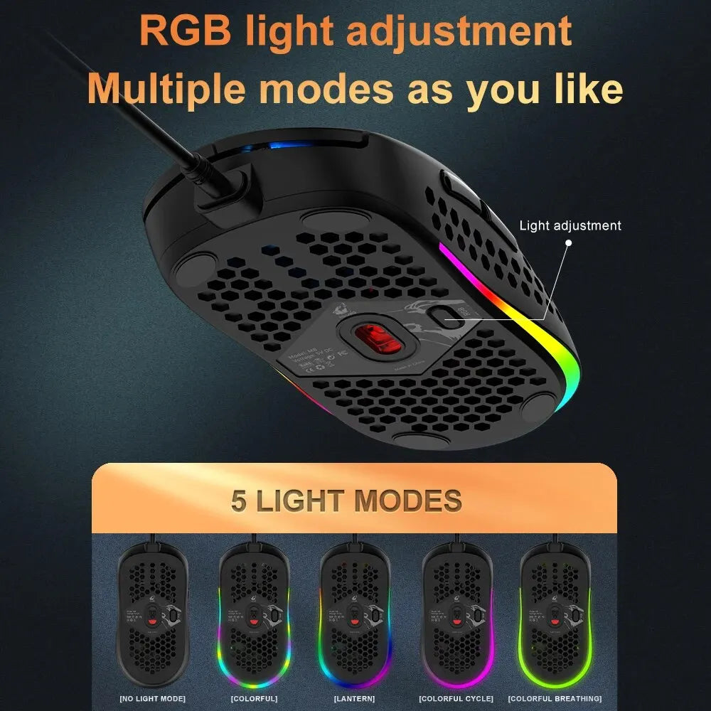 M8 Ultralight Wired Gaming Mouse Lightweight Honeycomb Shell 6 RGB Breathing Backlit Mice 6400 DPI USB for Win Xbox PS4 Mac HP - My Store