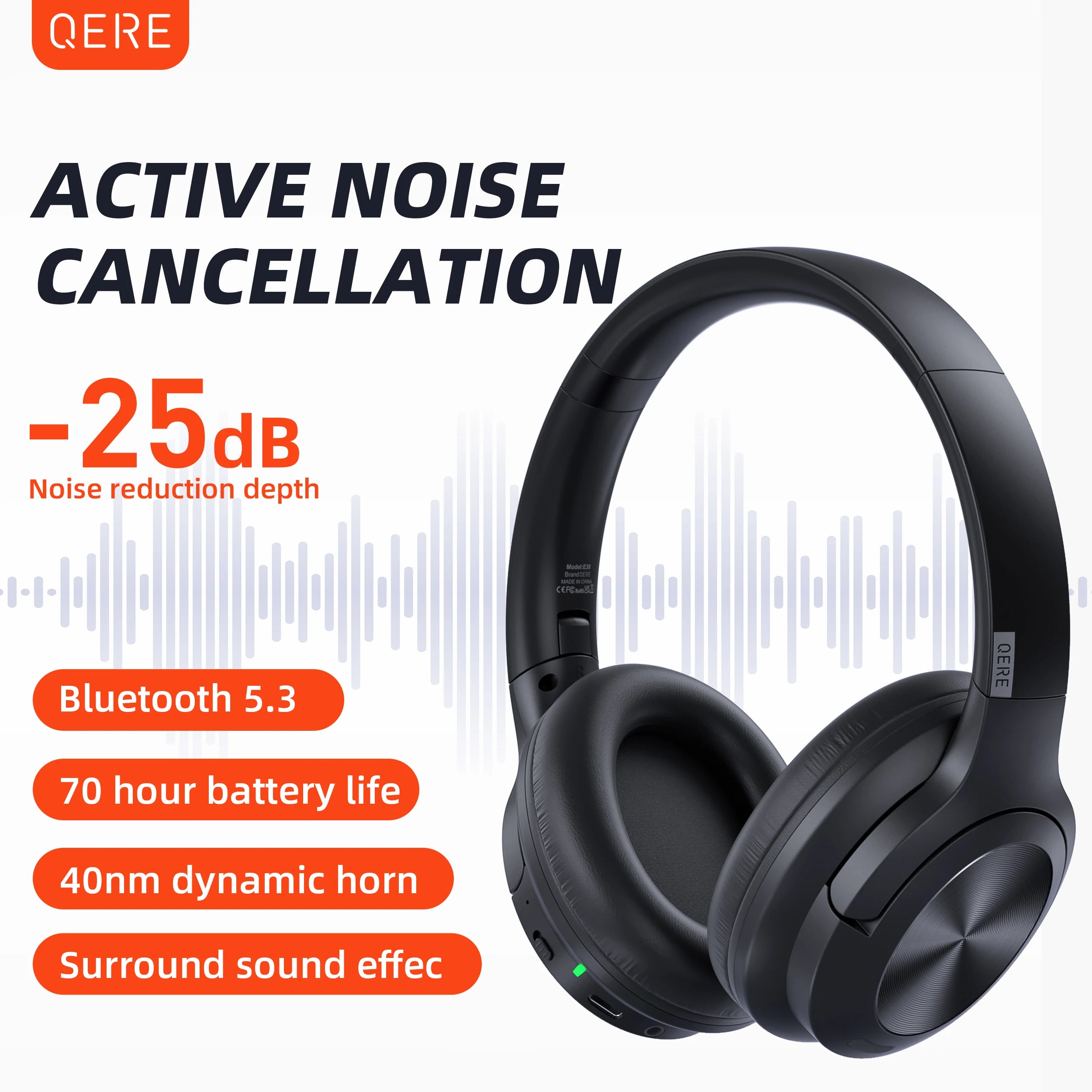 Wireless headphones QERE E80 Earphone bluetooth 5.3 ANC Noise Cancellation Hi-Res Audio Over the Ear Headset 70H 40mm Driver2.4G - My Store