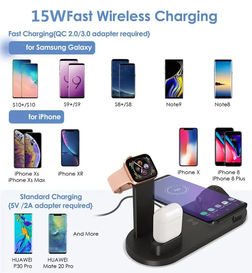 5 In 1 Wireless Charger Stand Pad For iPhone 15 14 13 12 11 X Apple Watch Airpods Desk Phone Chargers Fast Charging Dock Station - My Store