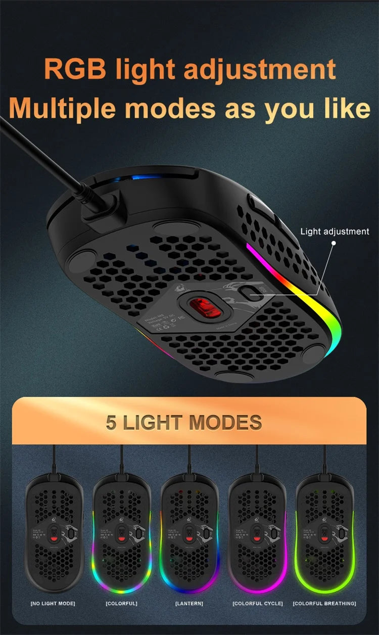 M8 Ultralight Wired Gaming Mouse Lightweight Honeycomb Shell 6 RGB Breathing Backlit Mice 6400 DPI USB for Win Xbox PS4 Mac HP - My Store