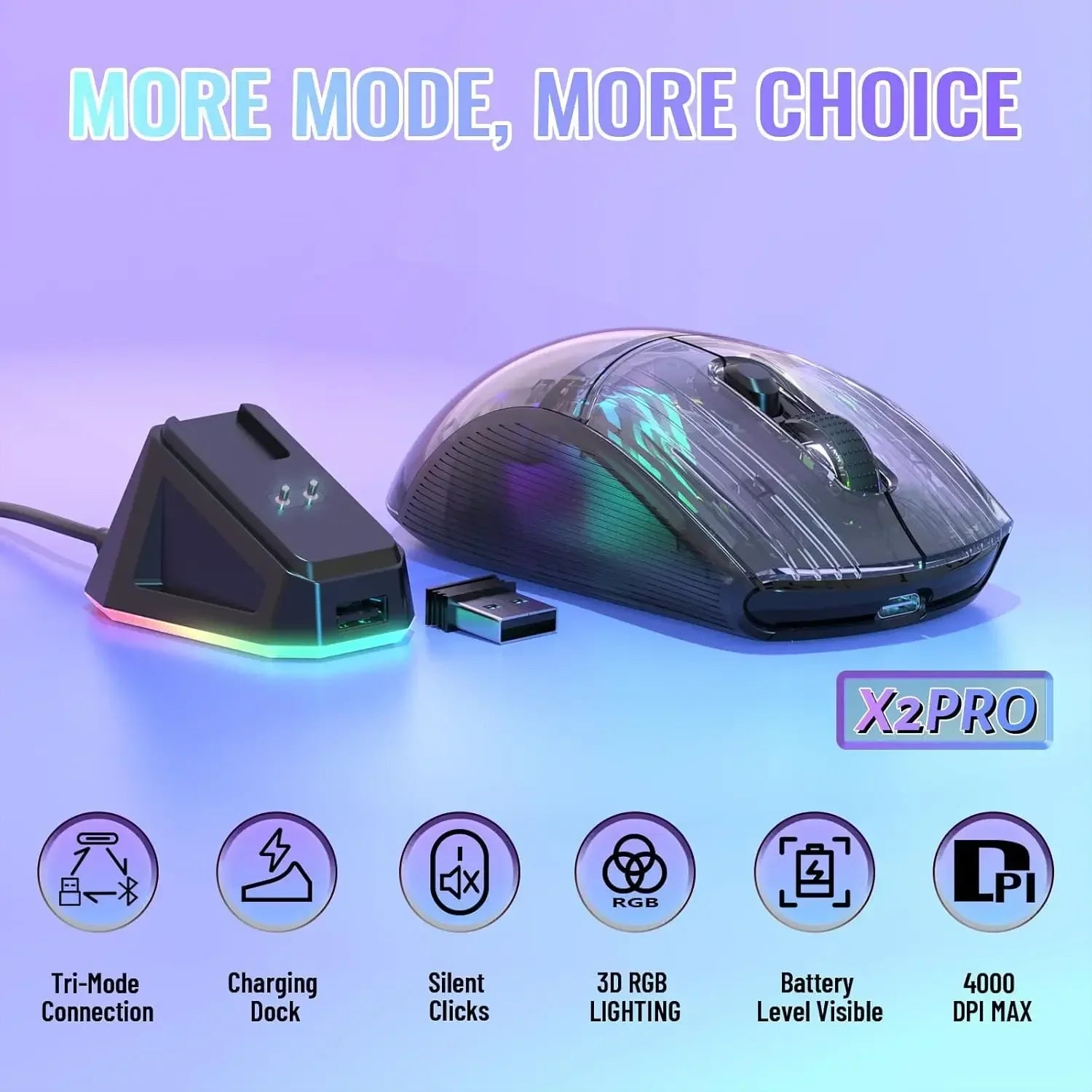 ATTACK SHARK X2 Pro Triple Mode Wireless Transparent Shell Gaming Mouse RGB Rechargeable 4000 DPI Rechargeable Dock Mouse - My Store