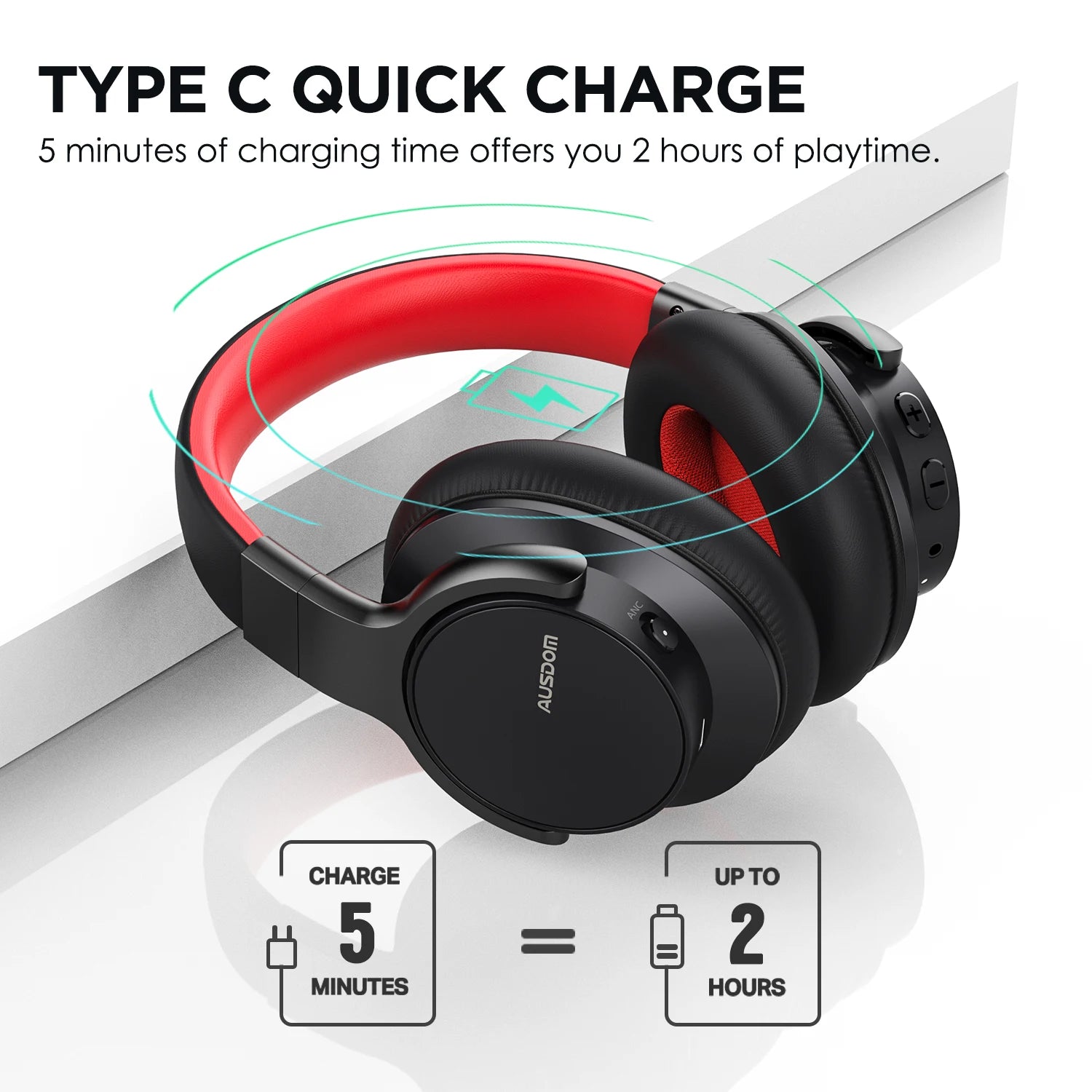 AUSDOM E7 Bluetooth Noise Cancelling Wireless Headset Hi-Fi Stereo Sound Over Ear ANC Headphone With Mics 50H Type-C For Office - My Store