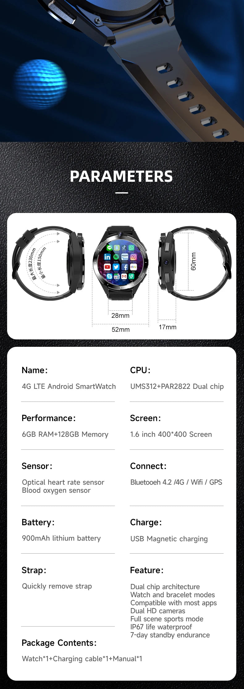 1800mAh 8 million pixels dual camera 1.6 inch 400*400 HD round screen SIM 4G full Netcom call 6+128GB Android phone smart watch - My Store