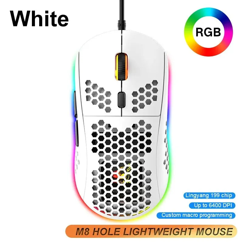 M8 Ultralight Wired Gaming Mouse Lightweight Honeycomb Shell 6 RGB Breathing Backlit Mice 6400 DPI USB for Win Xbox PS4 Mac HP - My Store