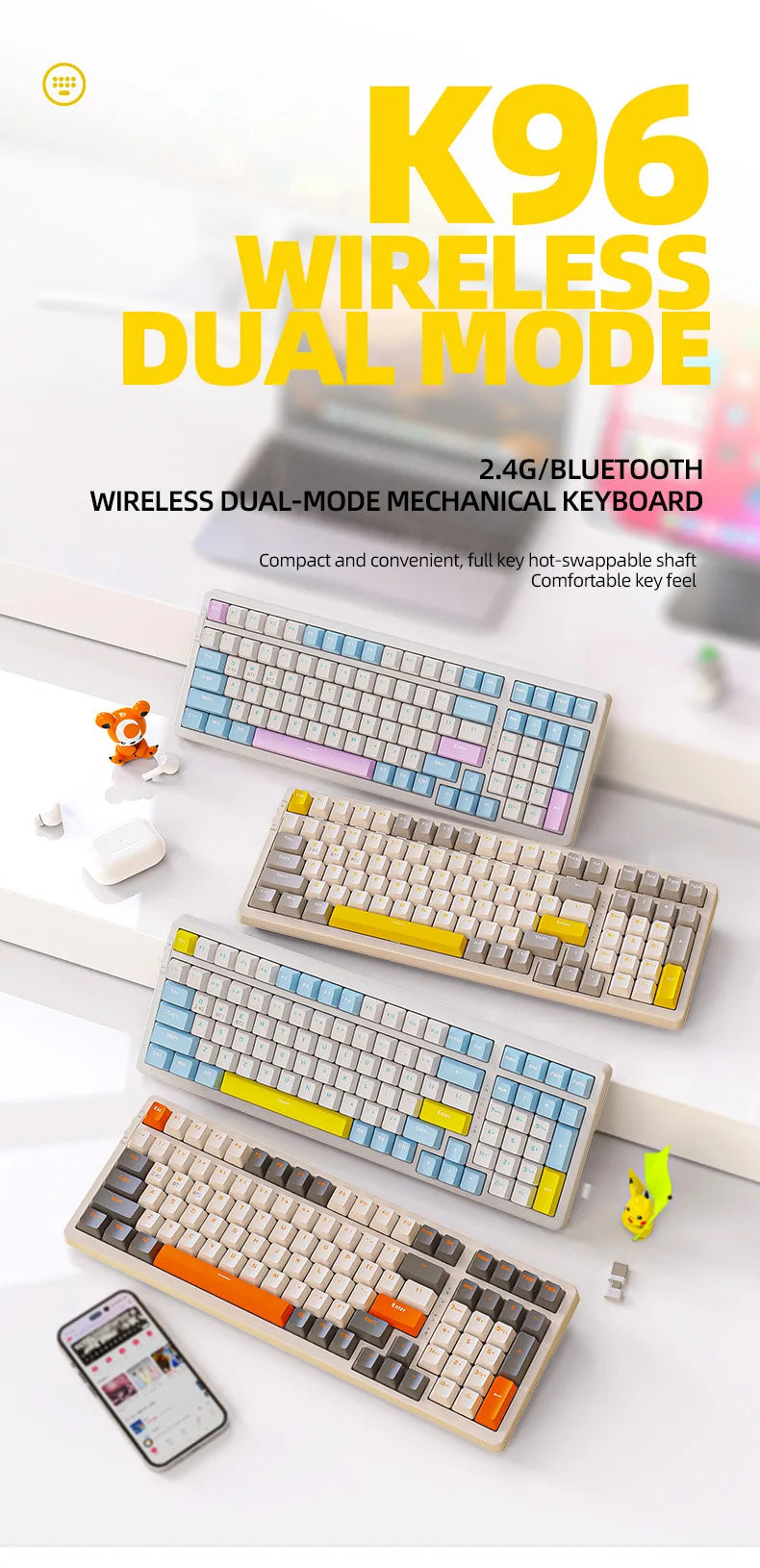 Wireless Mechanical Keyboard Hot Swap 100 Keys 100% Layout Spanish Russian Korean Arabic Mechanical keyboard BT Connect K96 - My Store