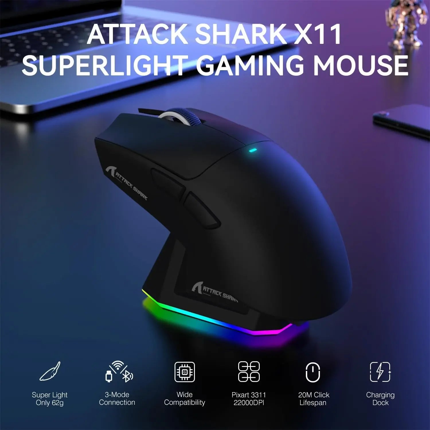 ATTACK SHARK X11 Lightweight Three-mode Wireless Gaming Mouse with RGB Charging Dock Optical Sensor PAW3311 22K DPI PC/Mac - My Store