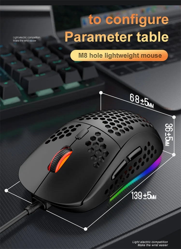 M8 Ultralight Wired Gaming Mouse Lightweight Honeycomb Shell 6 RGB Breathing Backlit Mice 6400 DPI USB for Win Xbox PS4 Mac HP - My Store