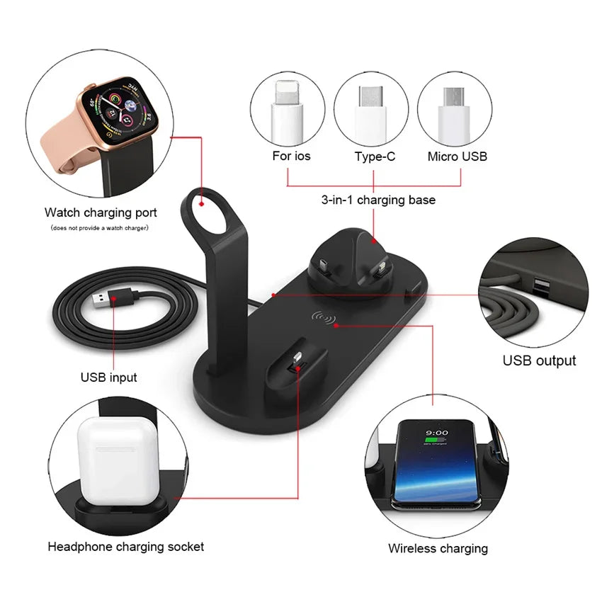 5 In 1 Wireless Charger Stand Pad For iPhone 15 14 13 12 11 X Apple Watch Airpods Desk Phone Chargers Fast Charging Dock Station - My Store