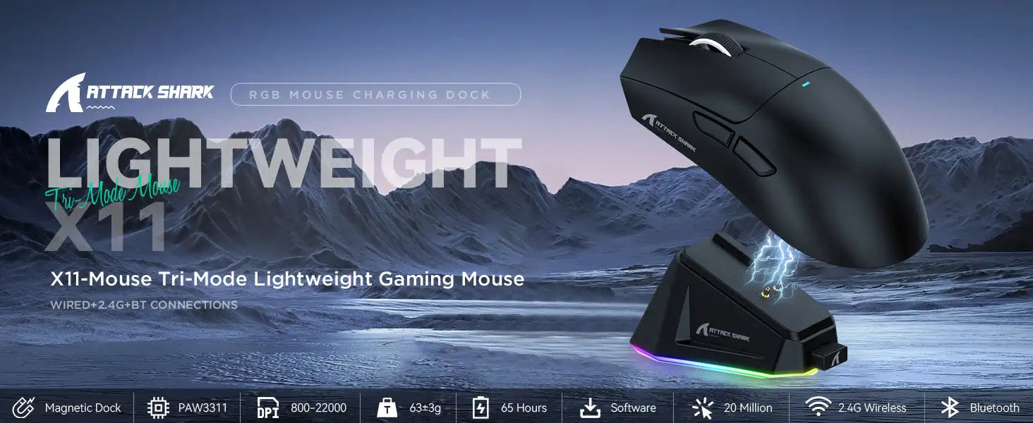 ATTACK SHARK X11 Lightweight Three-mode Wireless Gaming Mouse with RGB Charging Dock Optical Sensor PAW3311 22K DPI PC/Mac - My Store