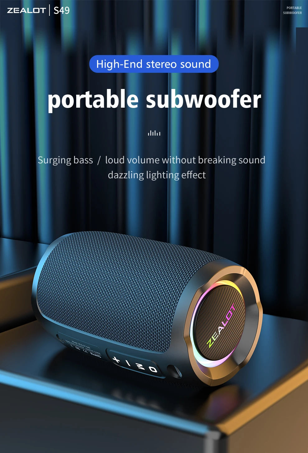 Zealot S49 20W Portable Ourdoor Wireless Subwoofer Speaker,Waterproof IPX 6,Dual Pairing,3600mAh Battery, 12 Hours Playtime - My Store