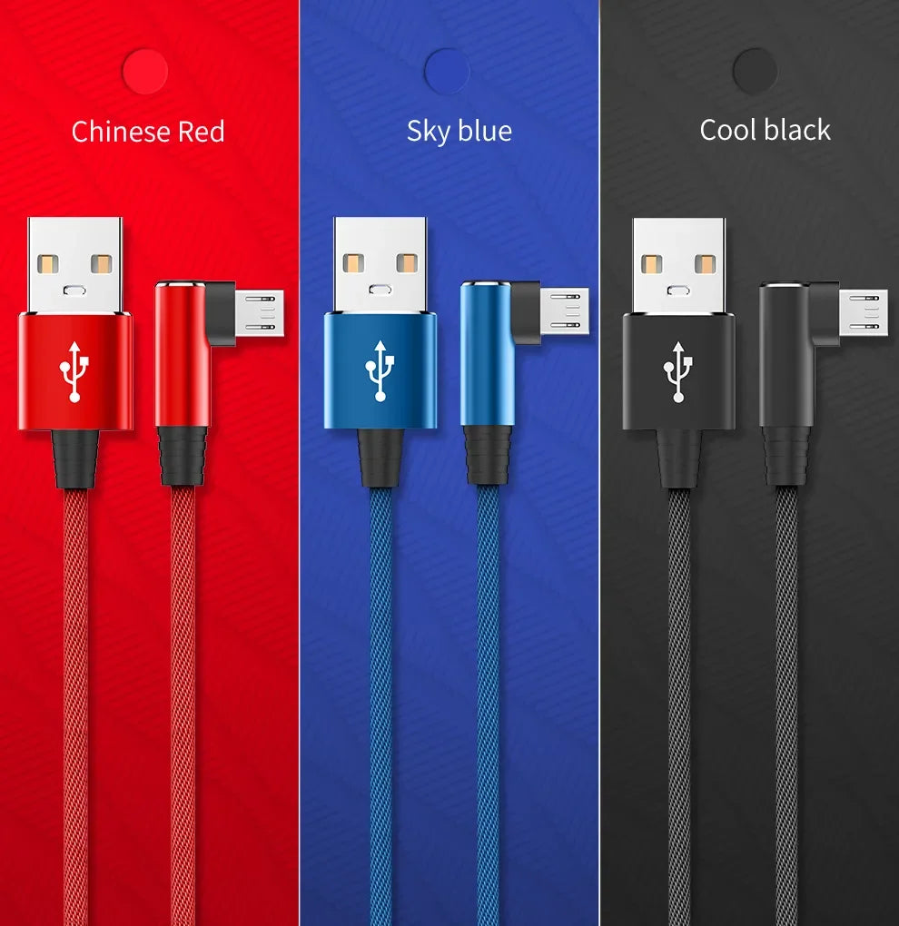 USB Micro Cable 3A 90 Degree Elbow Data Cable Charger Cord for Samsung Xiaomi Mobile Phone Accessories Fast Charging Usb Cable - My Store