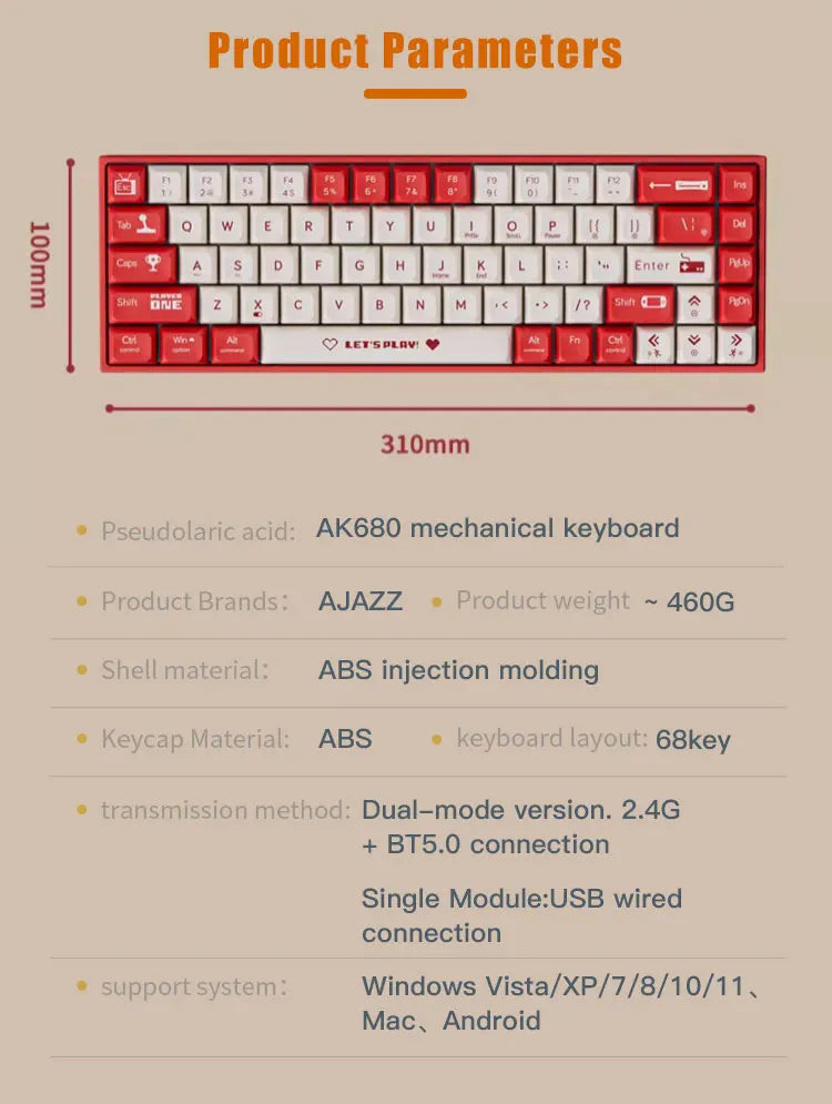 AJAZZ AK680 Mechanical Keyboard Gaming Wired Compact Laptop Tea Or Red Shaft 68 Keys - My Store