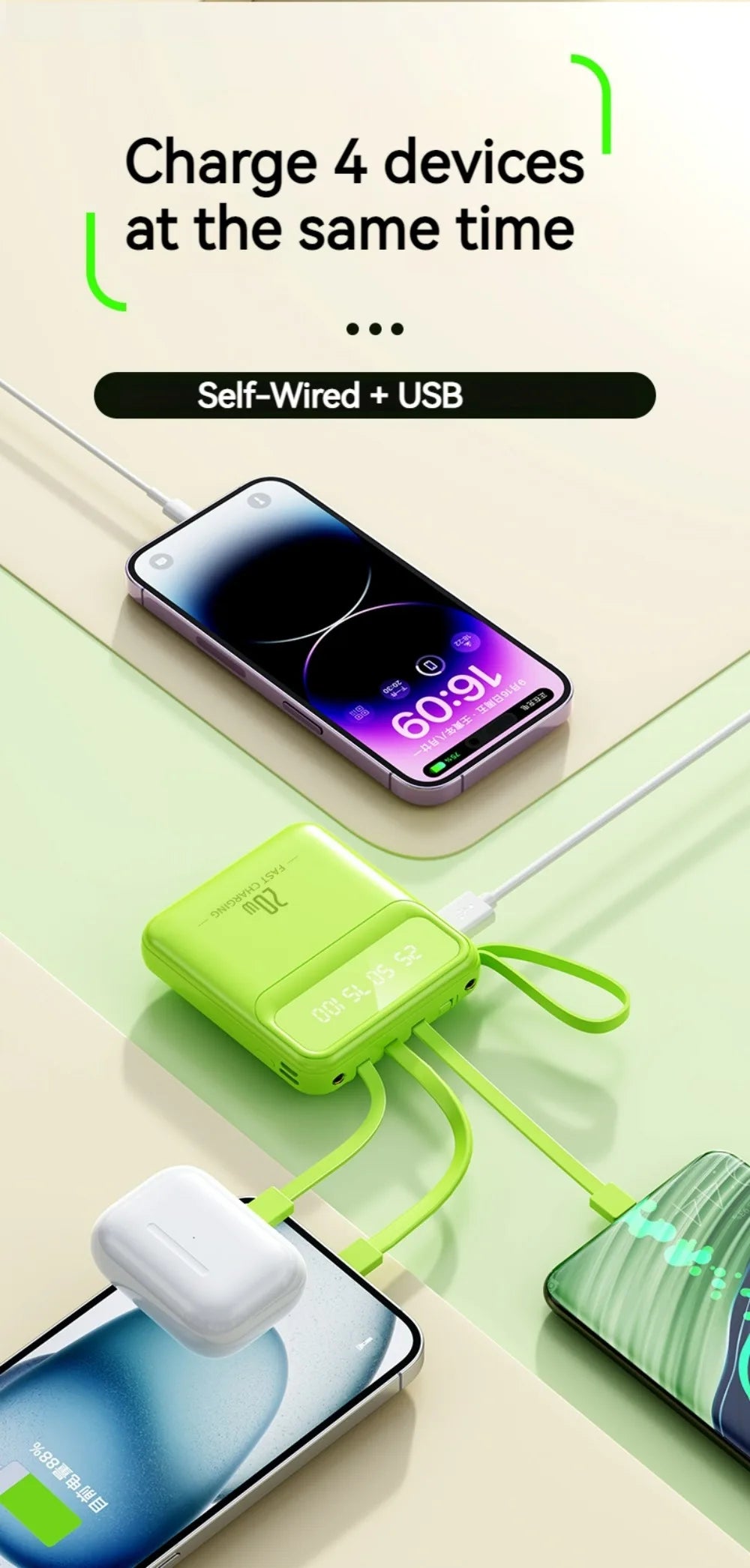 20000mah Portable LED Display Power Bank Comes with 4 Lines Built-in Cables Powerbank Colorful Beauty Phone Power Banks - My Store