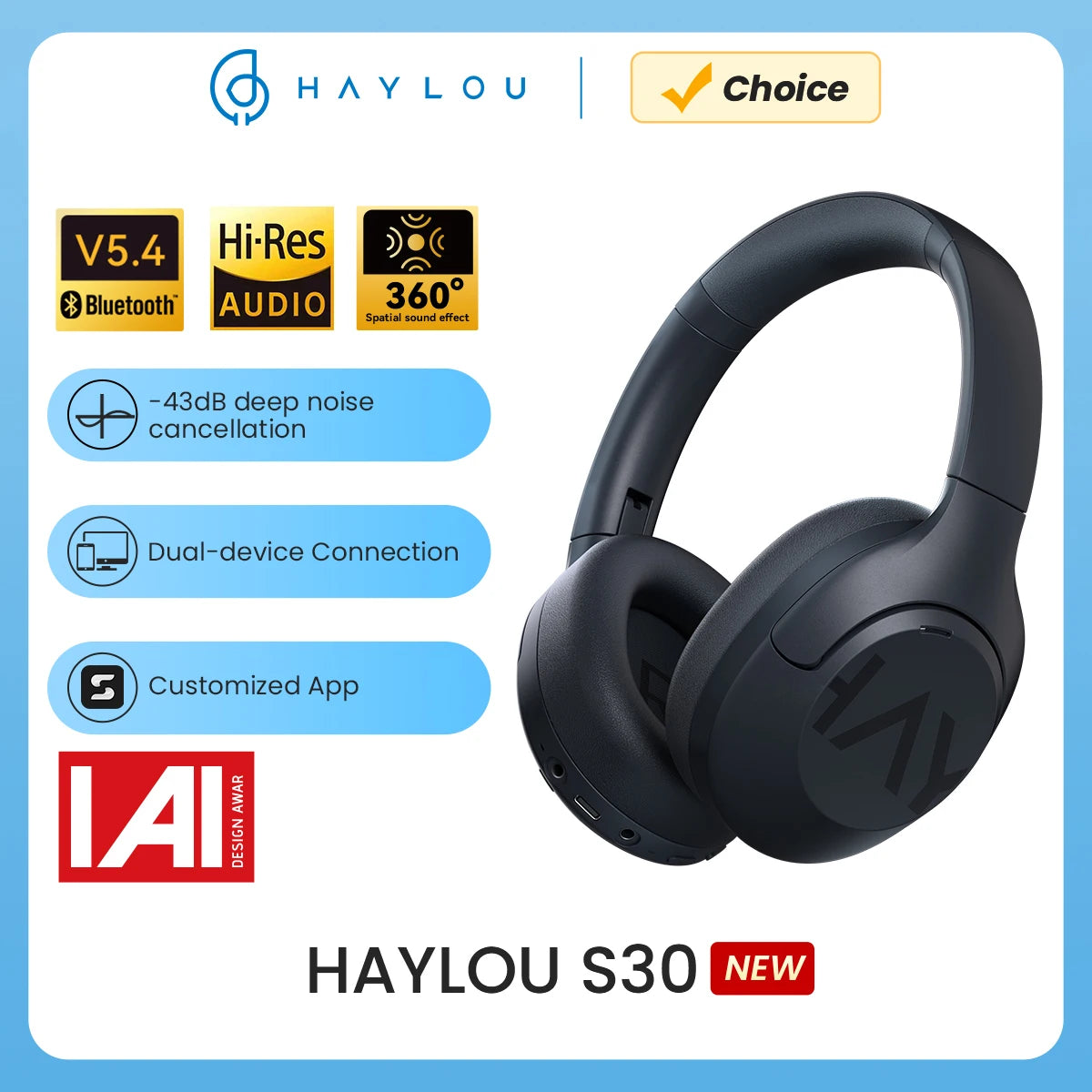 HAYLOU S30 Wireless Bluetooth 5.4 Headphones 43dB Adaptive Noise Cancelling Headsets 40mm Driver 80H Playtime Earphones - My Store