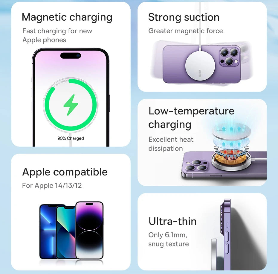 Baseus 15W Magnetic Wireless Chargers for iPhone 14 Qi Wireless Charger Fast Charging Pad for iPhone 16 15 14 Mini Phone Charger - My Store