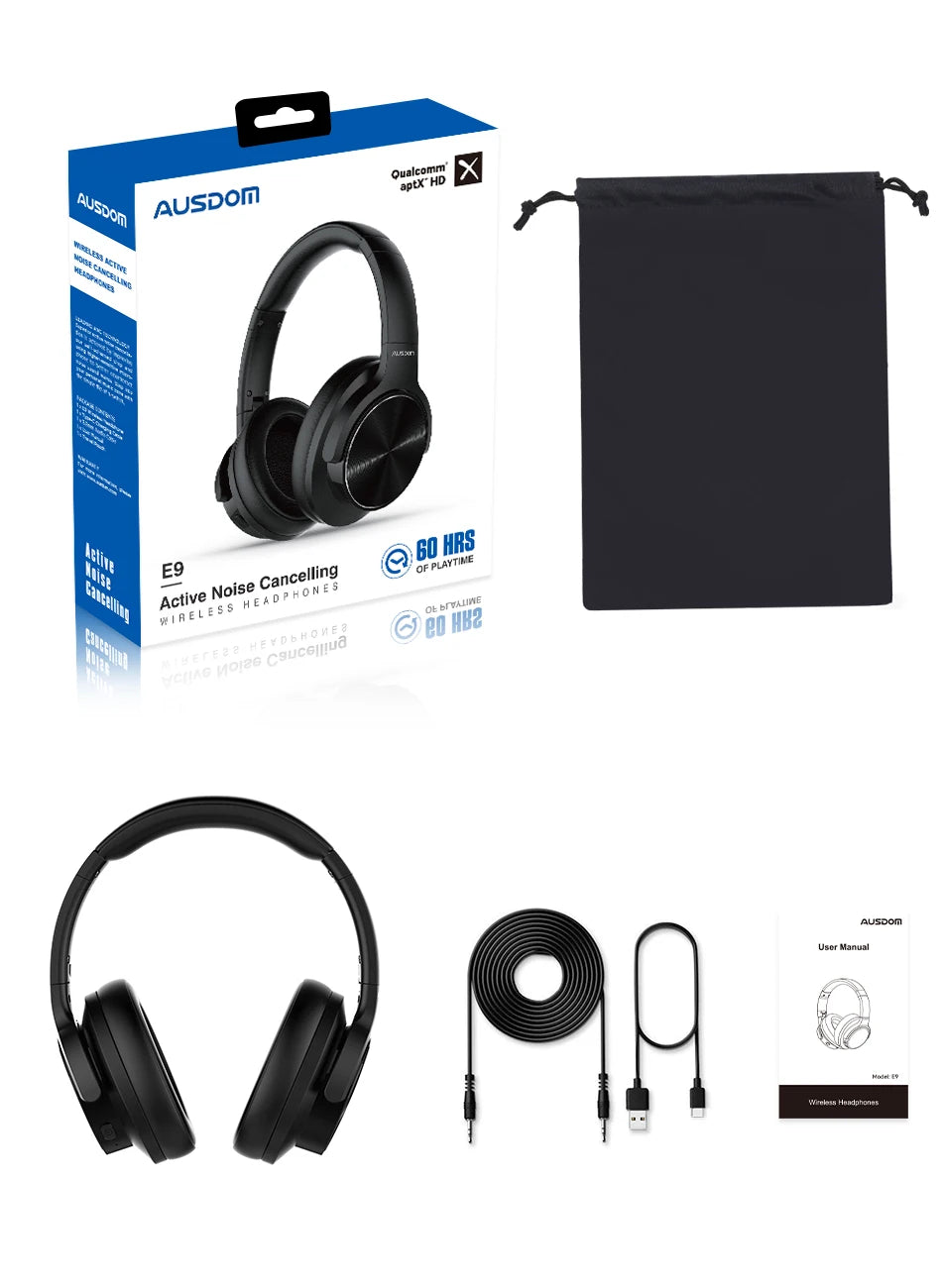 AUSDOM E9 Wireless APTX-HD Headphones Active Noise Cancelling Super HiFi Deep Bass Bluetooth 5.0 Headset With 60 Hours Playing - My Store