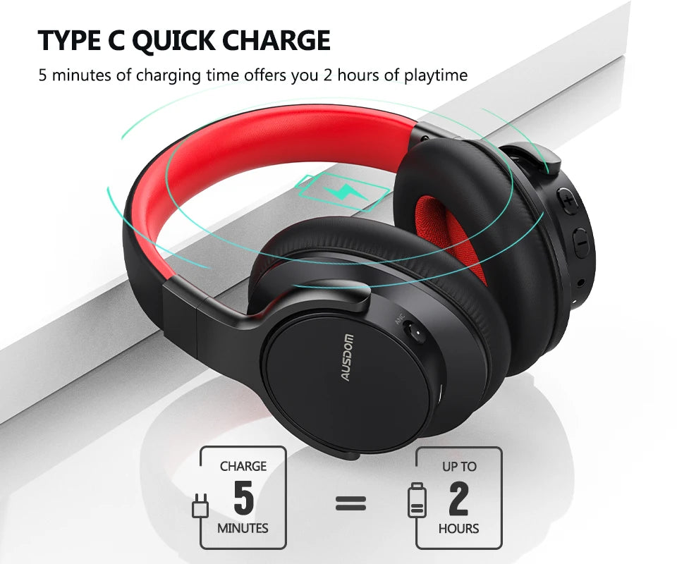 AUSDOM E7 Bluetooth Noise Cancelling Wireless Headset Hi-Fi Stereo Sound Over Ear ANC Headphone With Mics 50H Type-C For Office - My Store